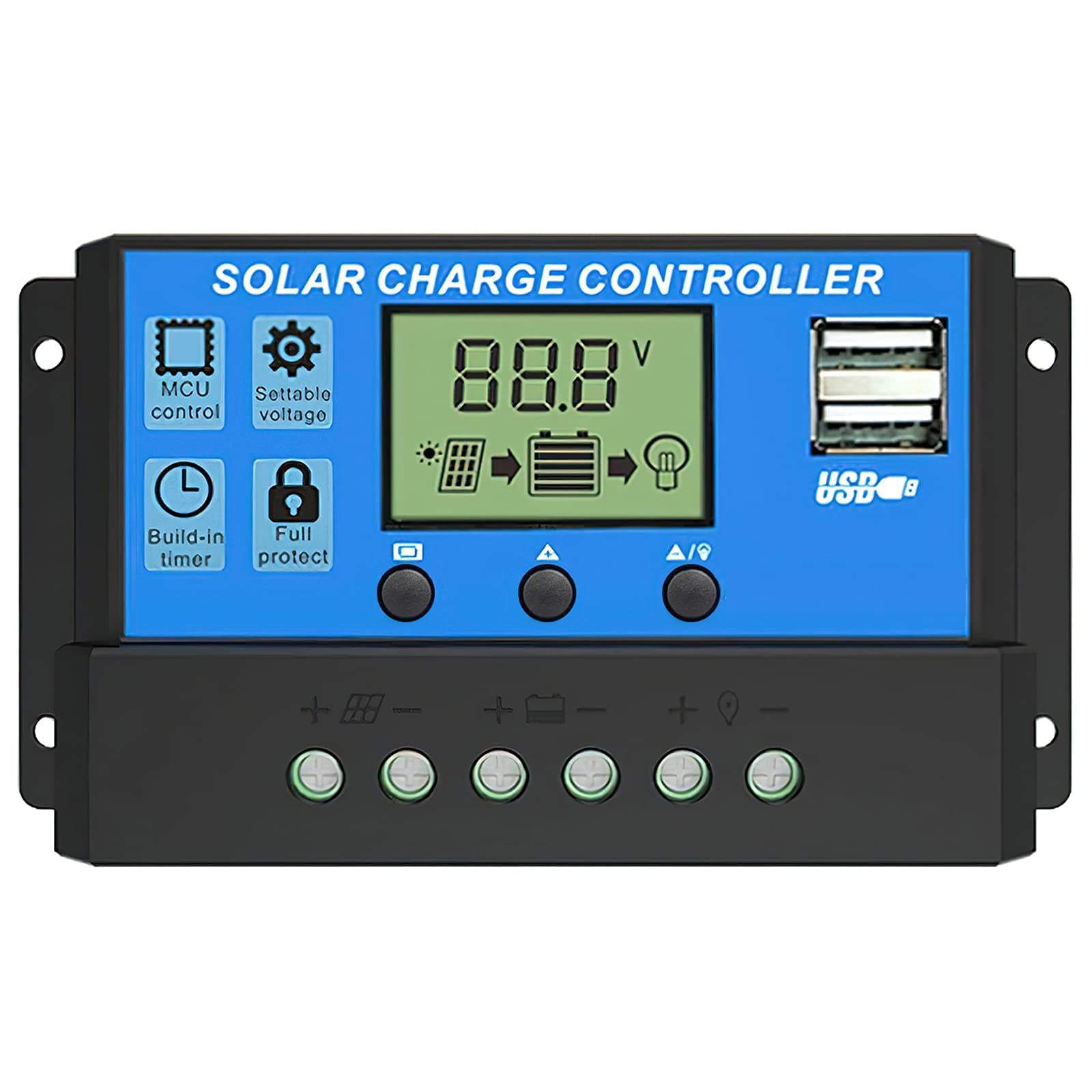 Verilux 20A 12V/24V Solar Charge Controller Solar Panel Controller Intelligent Regulator with Dual USB Port 5V Light Timer Control LCD Display