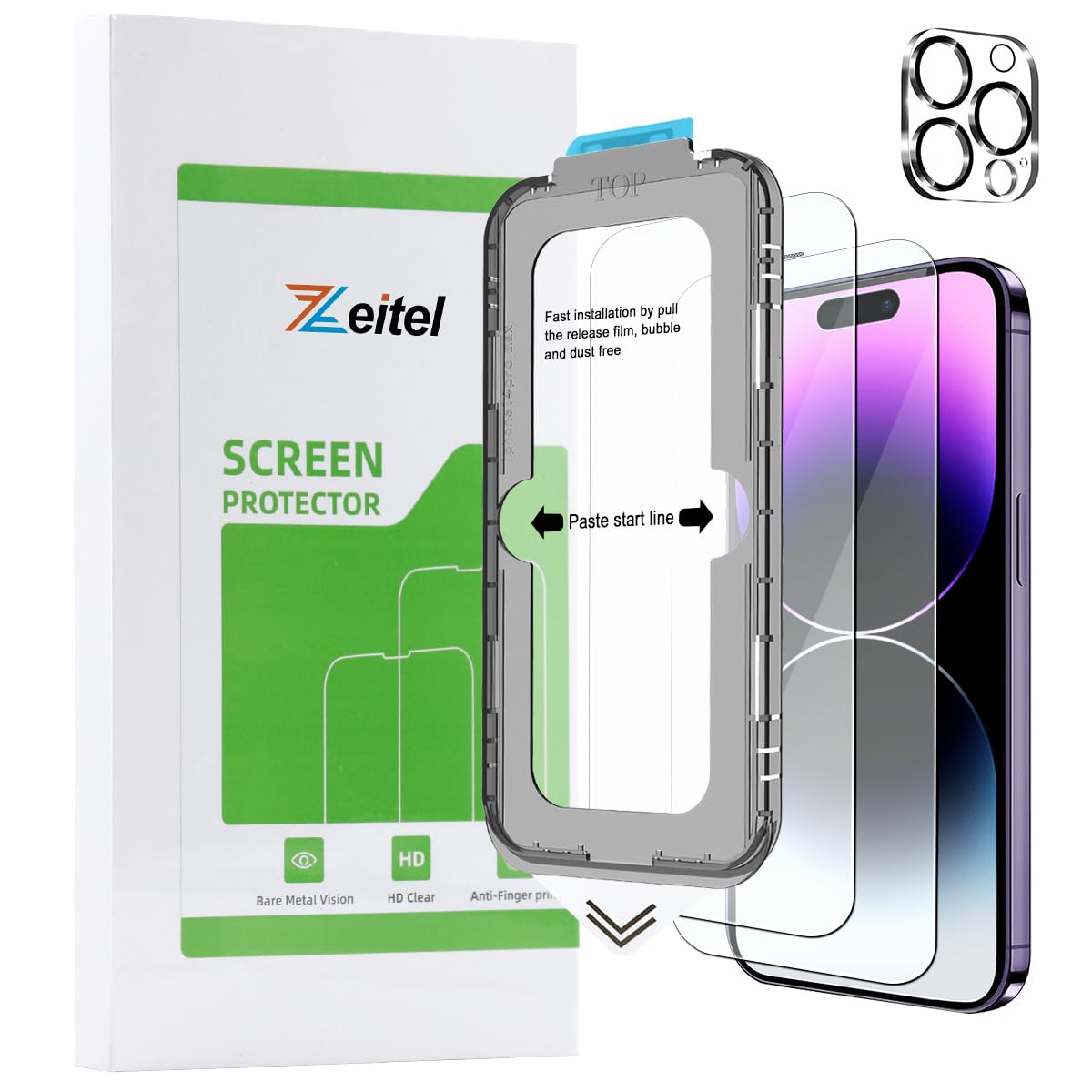 Zeitel® Easy Fit Tempered Glass Screen Protector for iPhone 14 Pro 6.1 inches Easiest 2-Step Installation Auto-Alignment HD Screen Protector Kit with 2 Pieces Screen Protectors Guard and Accessories