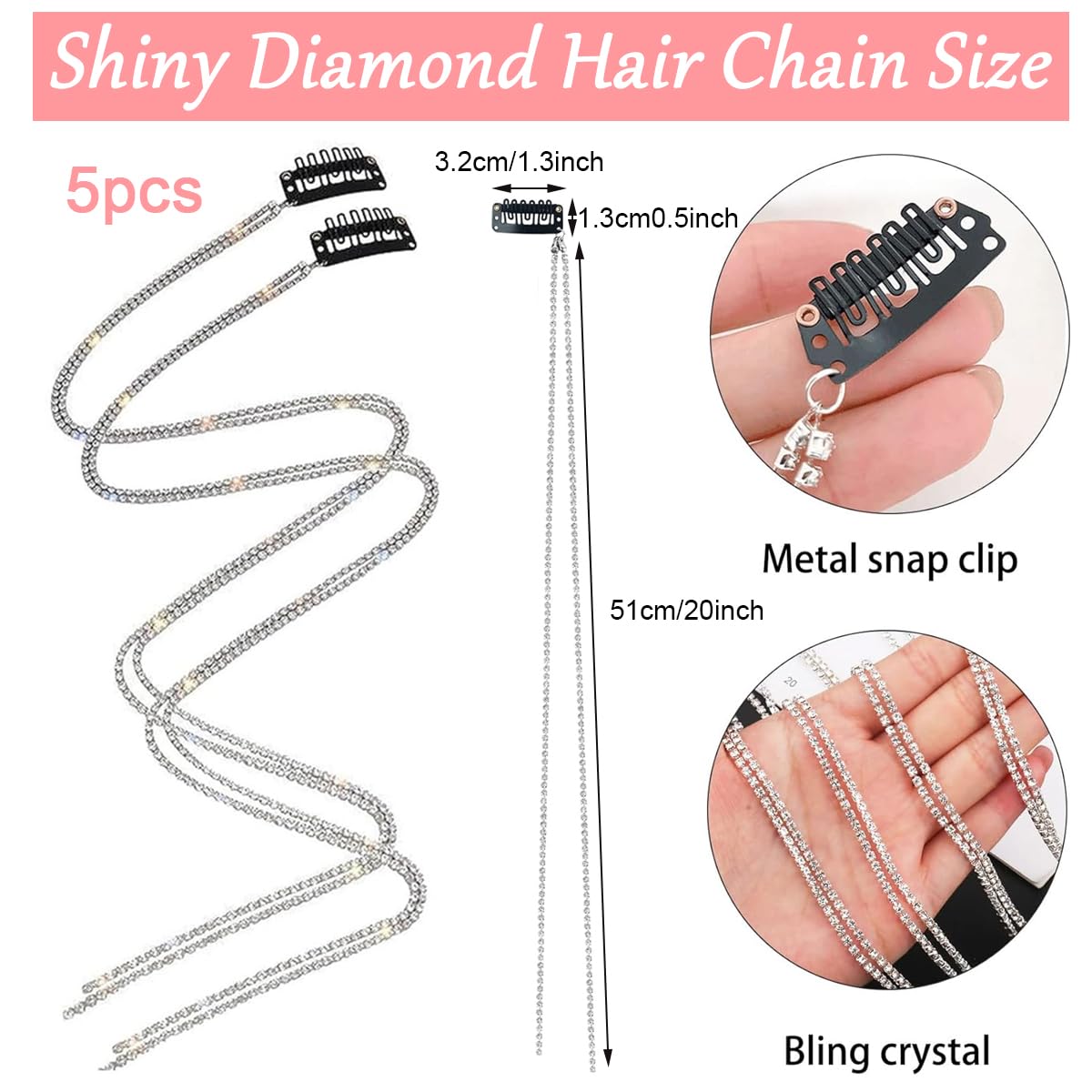 MAYCREATE® 5Pcs Rhinestone Hair Clip Chains Braids Hair Accessories for Women Stylish 20 Inch Hair Extensions Girls Dazzling Crystal Silver Hair Chains Long Tassle