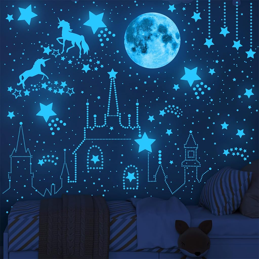 HASTHIP® Glow in The Dark Stars and Unicorn Wall Decals, Unicorn Wall Decals Stickers Wall Decor for Girls Bedroom Luminous Glow Unicorn Stars Planet Ceiling Stickers for Girls/Boys Gift, B