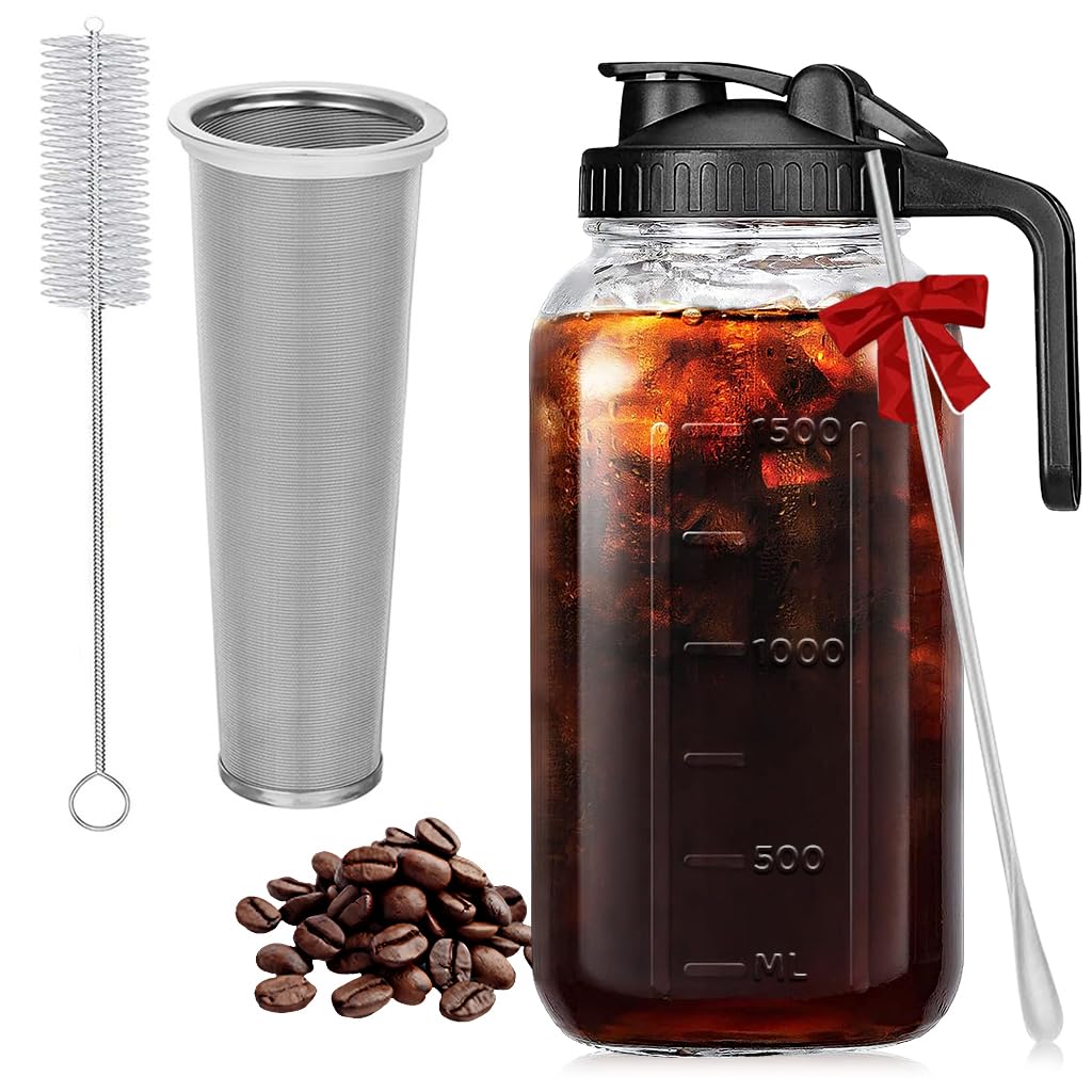 Supvox® 64Oz Cold Blew Glass Kettle Coffee Maker Leaking Proof Lid Design with Handle & Nozzle Cool Water Bottle Iced Coffee Pitcher with Stainless Steel Cone Filter & Cleaning Brush