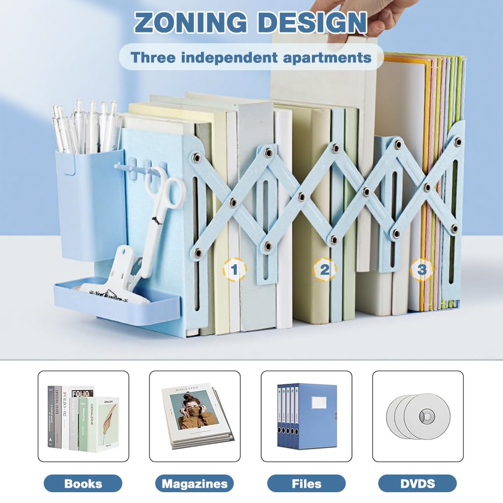 OFIFO Telescopic Bookshelf Desk Organizer with 17.7 in Adjustable Metal Frame & Utility Hooks