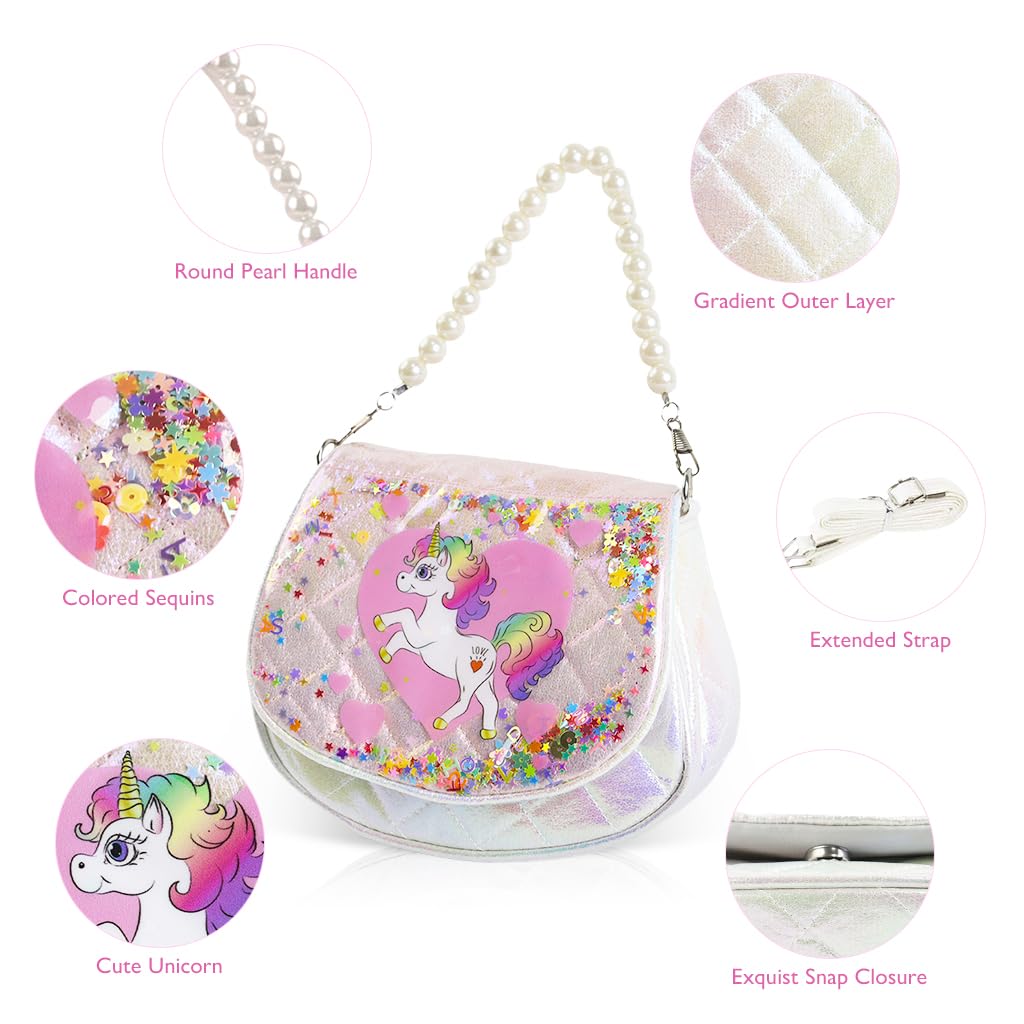 PATPAT® Girls Sling Bag Fashion Pink Unicorn Hand Bag Girls Bag Shoulder Bag with Beaded Chain Strap Gift for Girls Children's Day Gift for Girls