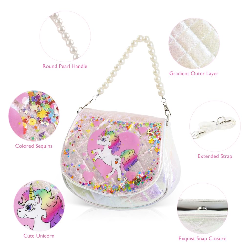 PATPAT Girls Sling Bag Fashion Pink Unicorn Hand Bag Girls Bag Shoulder Bag with Beaded Chain Strap Gift for Girls Children's Day Gift for Girls