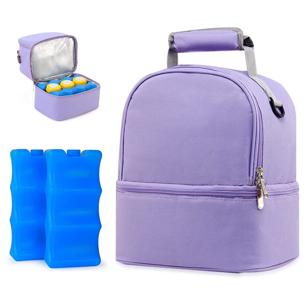 ZIBUYU® Breastmilk Storage Bag with Ice Pack, Double Layer Breastmilk Warmer Insulated Bag with Strap, Fits 6 Ounces Bottles, Waterproof Breast Mommy Diaper Backpack Bento Box Backpack, Purple