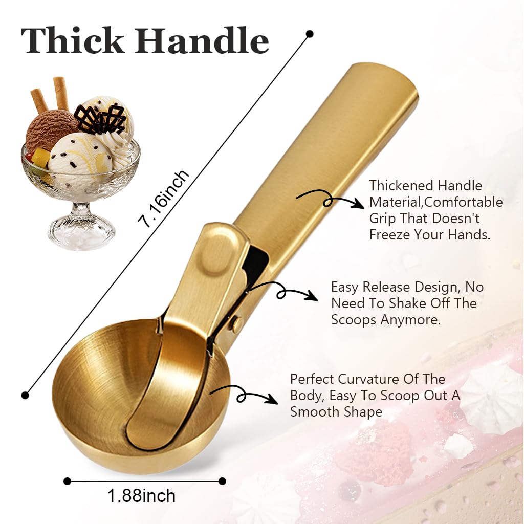 HASTHIP Kitchen Scoop Ice Cream Scoop with Trigger-Release Lever 7 inches Golden Stainless Steel Ice Cream Scoop Dishwasher Safe Multipurpose Kitchen Scoop for  Ice Cream, Fruit, Dessert
