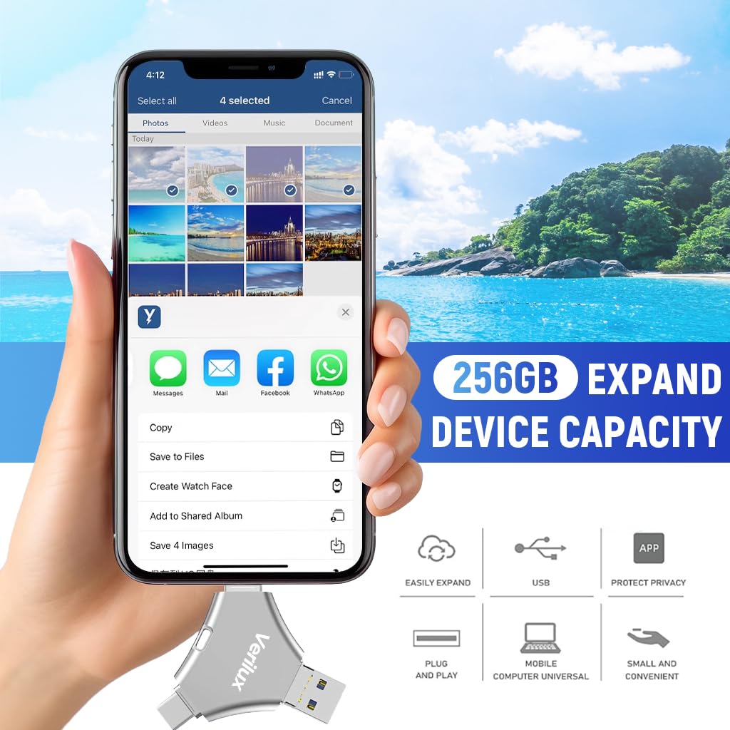 Verilux® Pendrive 256GB 4 in 1 Flash Drive with Light-ning, Micro USB, USB A, Type-C Interface Mini Hangable PenDrive for iOS & Android Compatible with iPhone