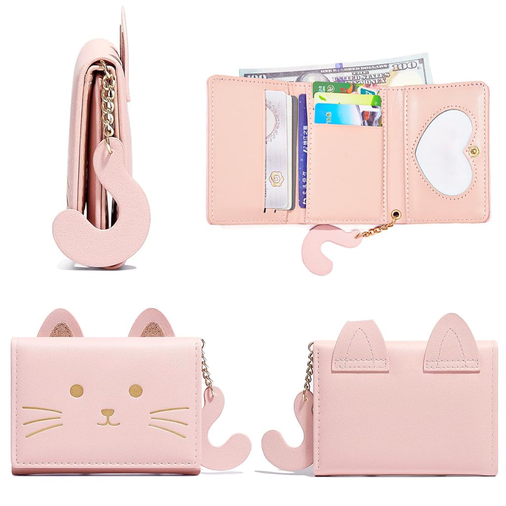 PALAY® Fashion Girls Cute 3D Cat Face Glitter Ears Wallet with Tail Tri-folded Wallet ID Card Case with Zipper Pocket