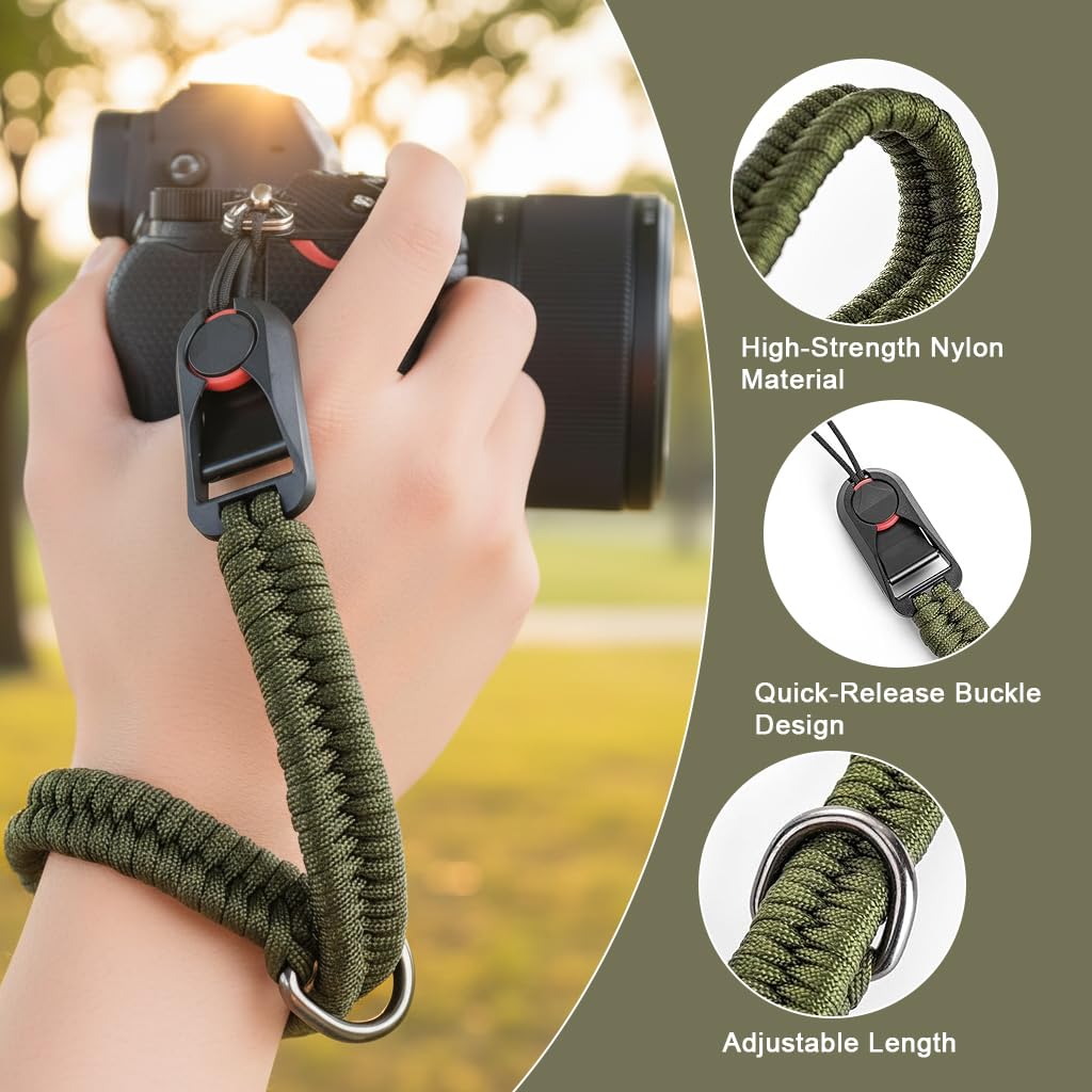 Zibuyu Camera Strap for DSLR and Mirrorless Cameras with Quick Release Buckle and Handwoven Wrist Design | Adjustable Military Green Accessory