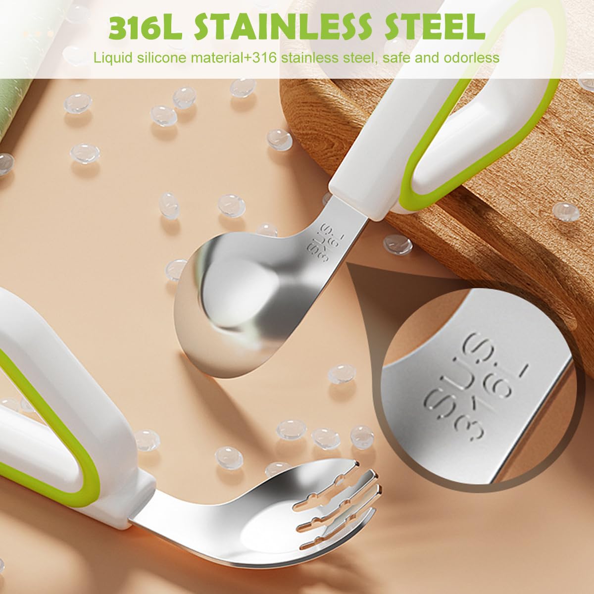 SNOWIE SOFT Toddler Feeding Utensils Set for Self-Feeding with Soft Silicone Loop Handles | 2Pcs Stainless Steel Spoon and Anti-Slip Fork