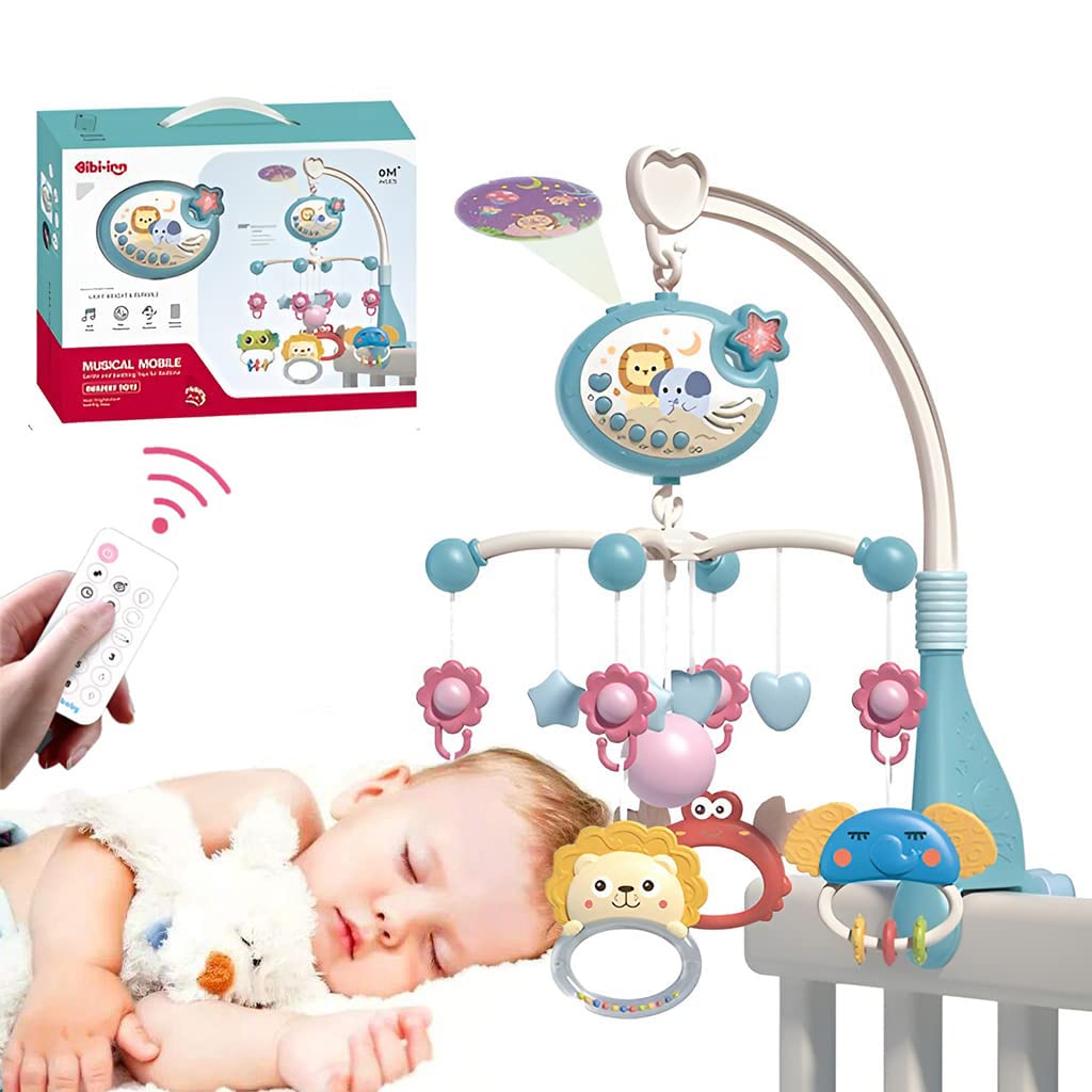 PATPAT  Crib Hanging Toy for Babies,Electric Rotation Crib Soothe Toy Multifunctional Crib Hanging Toy with Lullabies, Timing,Cartoon Projection,Night Light,Crib Hanging Toy for Baby 3-6 Month (Blue)