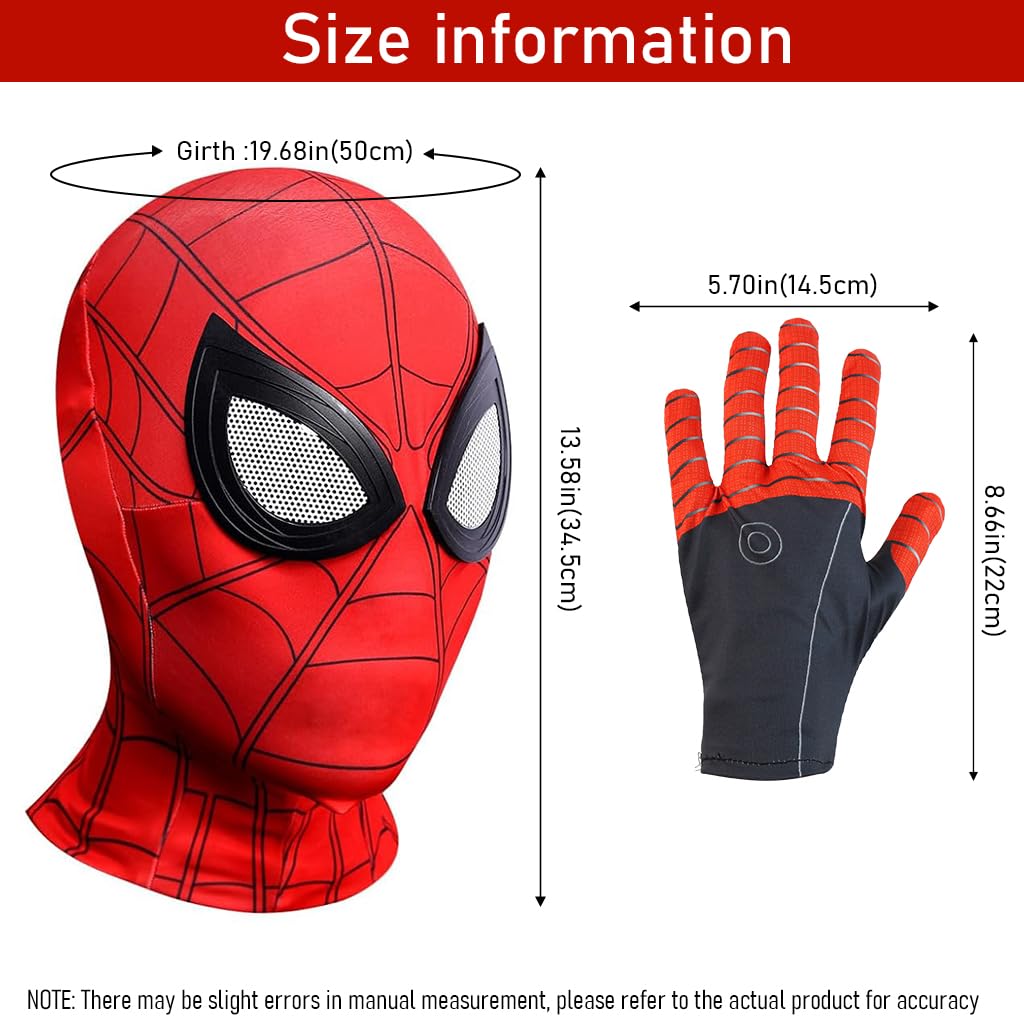 FANCYKU® 3D Spider-Man Mask and Gloves Gift, Spiderman Masks Spider Man Cosplay Costumes Superhero Lenses for Adult Kids, Role Play Superhero Masks for Halloween Masquerade Cosplay (Red)