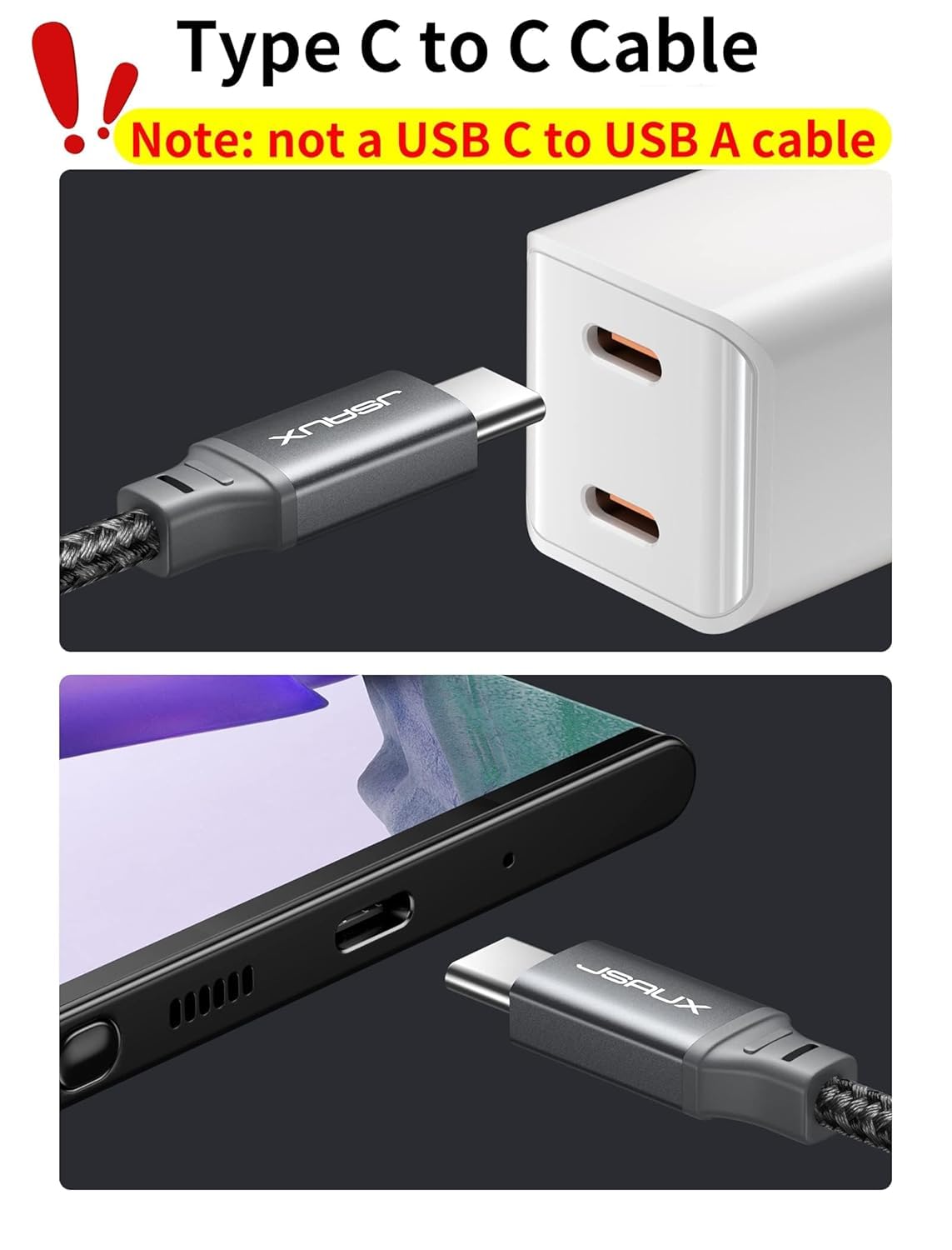 JSAUX USB C to USB C Cable for Fast Charging featuring 100W Power and 10Ft Nylon Braid | 480Mbps Data Transfer