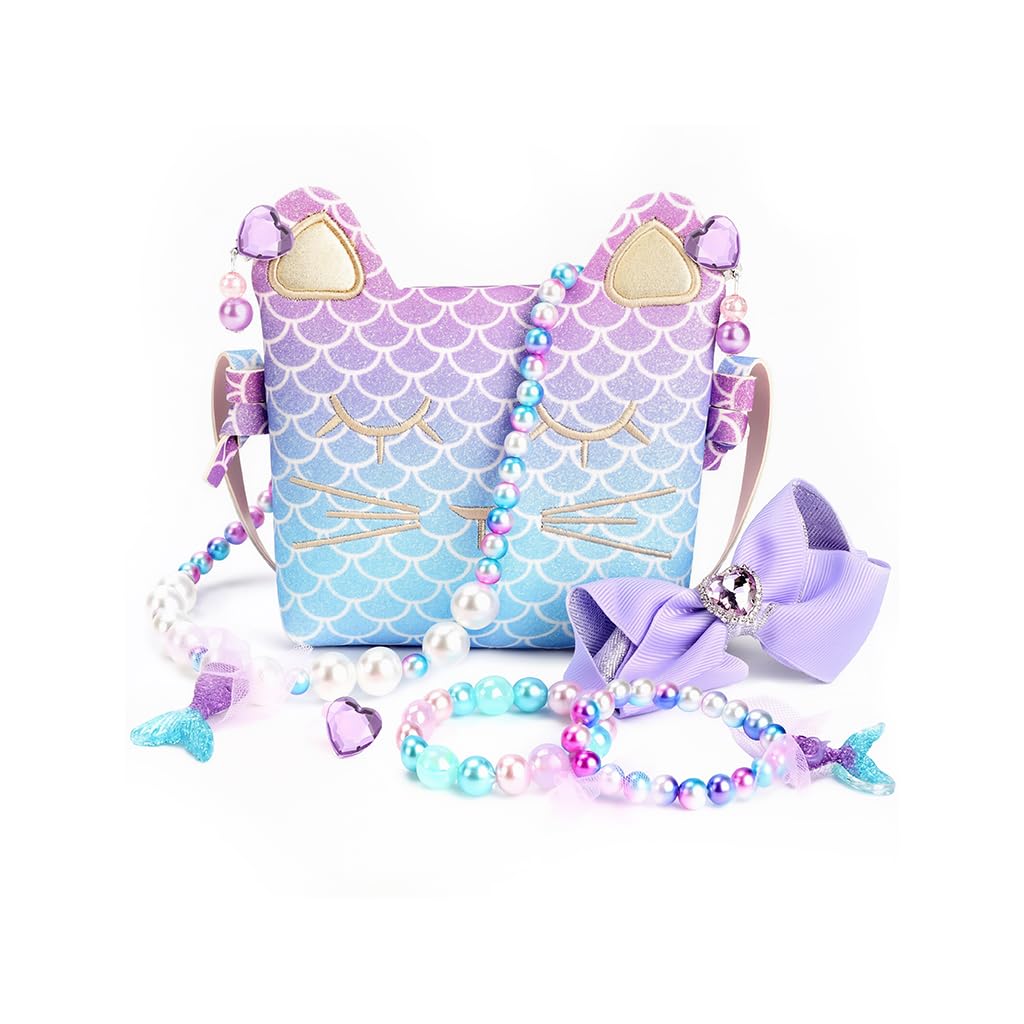 PATPAT Purse for Girls with Mermaid Jewelry Set featuring Sling Bag and Cat Design | Gift for Ages 3–10