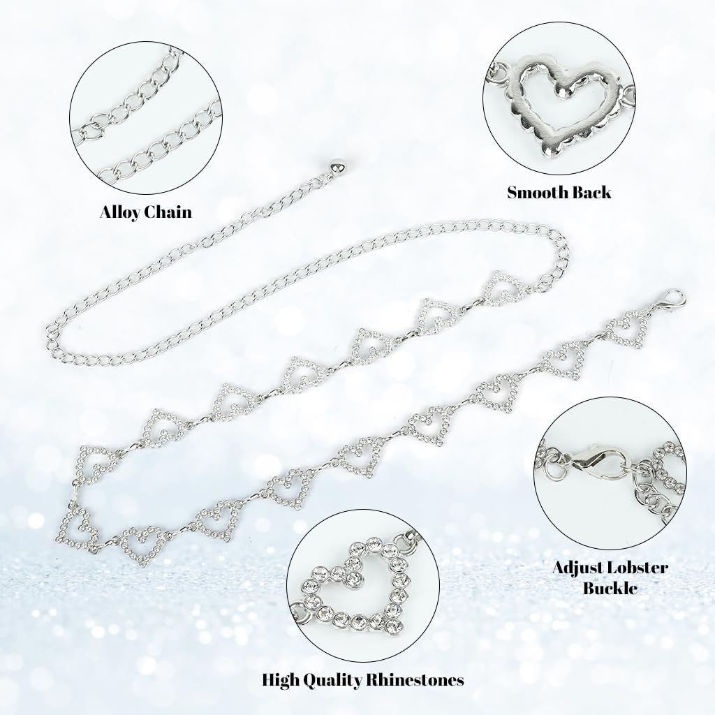 SANNIDHI Waist Chain for Women featuring Rhinestone Heart Links in Silver Alloy | Adjustable Belt for Dresses, Jeans and Skirts
