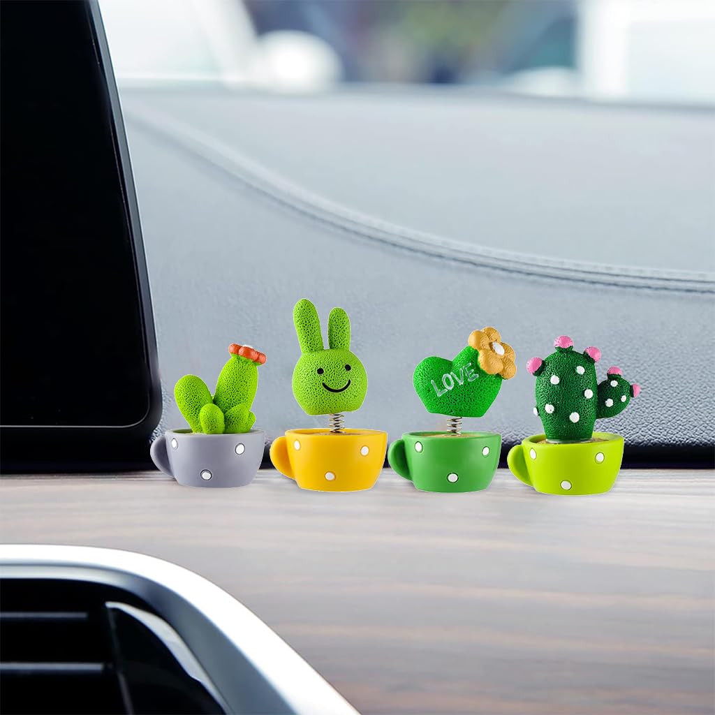 HASTHIP® 4Pcs Car Dashboard Toys Cute Cartoon Resin Car Dashboard Decoration Items Spring Swing Bunny, Heart, Cactus Plants Vibrant Car Accessories Interior Gadgets, Desk Decor, Ideal Gift