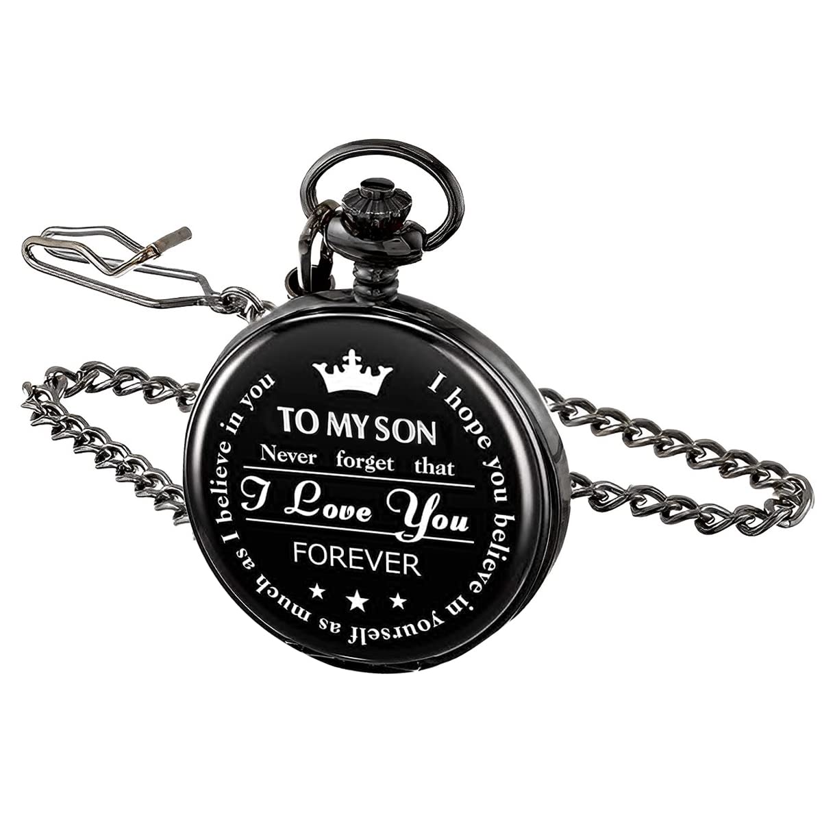 HASTHIP® Pocket Watch for Men Boys Gift for Son, Personalized Engraved Alloy Pocket Watches with Chain, to My Son I Love You Birthday Graduation Gifts Quartz Watch - Black