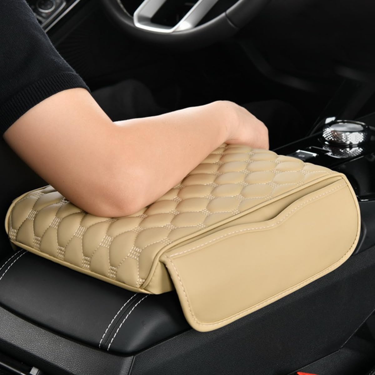 STHIRA Car Armrest Cushion for Center Console with Side Storage Pouch in Beige PU Leather | Ergonomic Support and Universal Fit