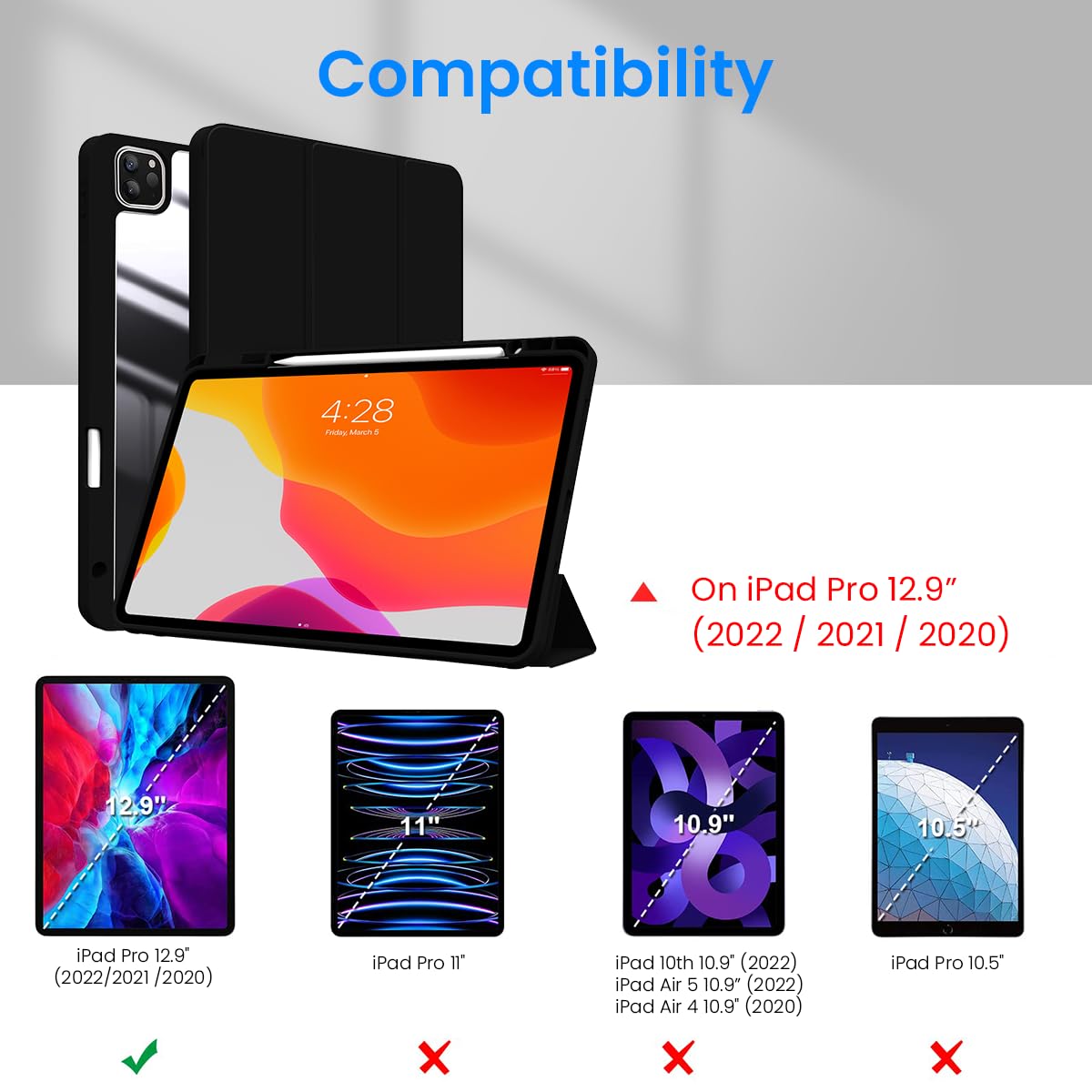 ZORBES iPad Pro 12.9 Inch Case with Pencil Holder and Folding Stand | Transparent Black Cover
