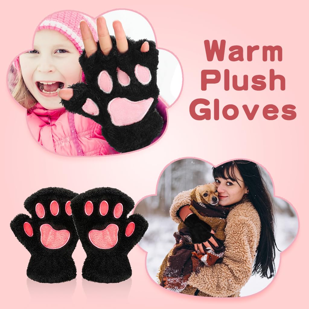 Venzina® Cat Paw Winter Gloves for Women Winter Wear, Warm Plush Hand Gloves for Bike Women Gloves, Cute Fingerless Hand Gloves Cosplay Costumes for Women Girls (Black)