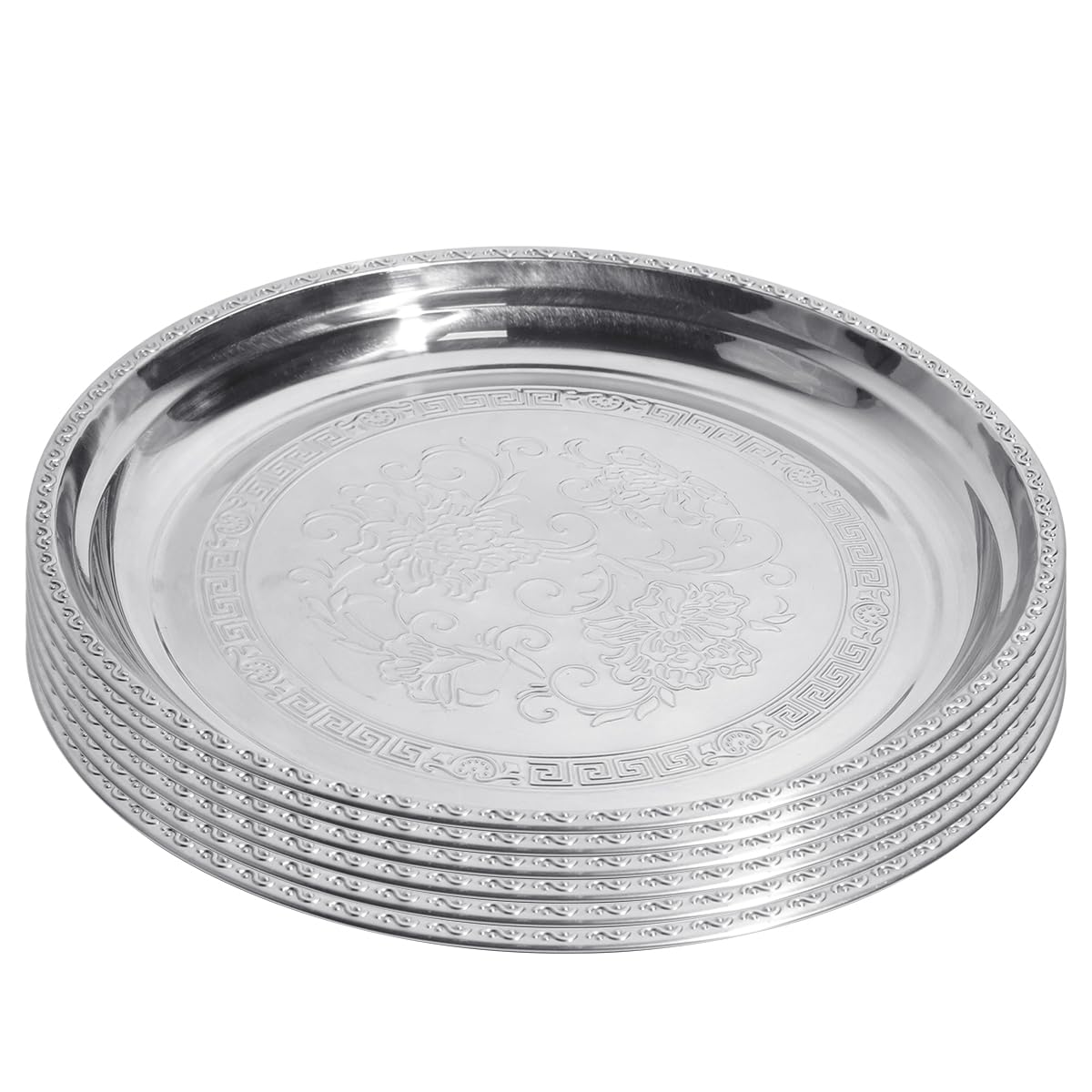 Supvox® 6Pcs Stainless Steel Dinner Plates 11.8 Inches Round Shape Embossed Serving Trays  Food Grade, Durable, Eco-Friendly, Dishwasher Safe  Ideal for Special Occasions and Everyday Use