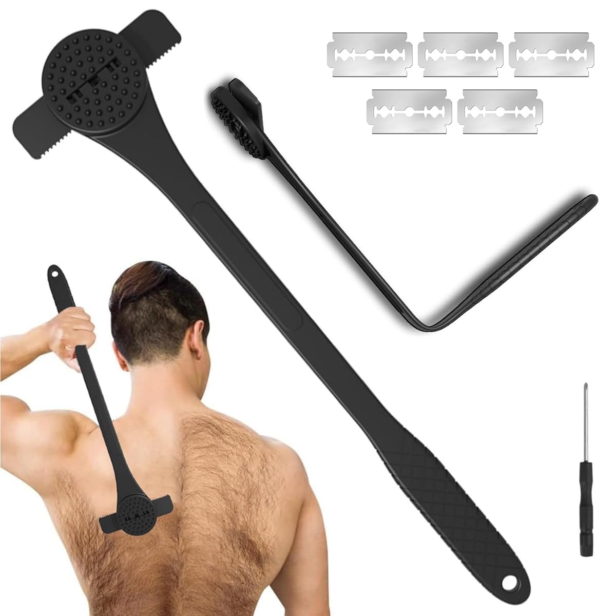 MAYCREATE Body Back Shaver for Men with 18 Inch Handle and Silicone Scrubber Pad | Includes 5 Stainless Steel Razors