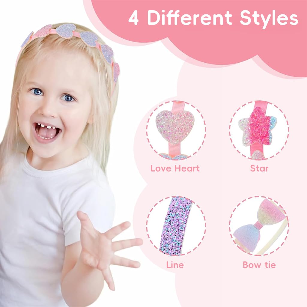 ZIBUYU Hair Band Set for Girls Kids featuring Heart Star Bow Charms | 6Pcs Rainbow Glitter Headbands 5.1in