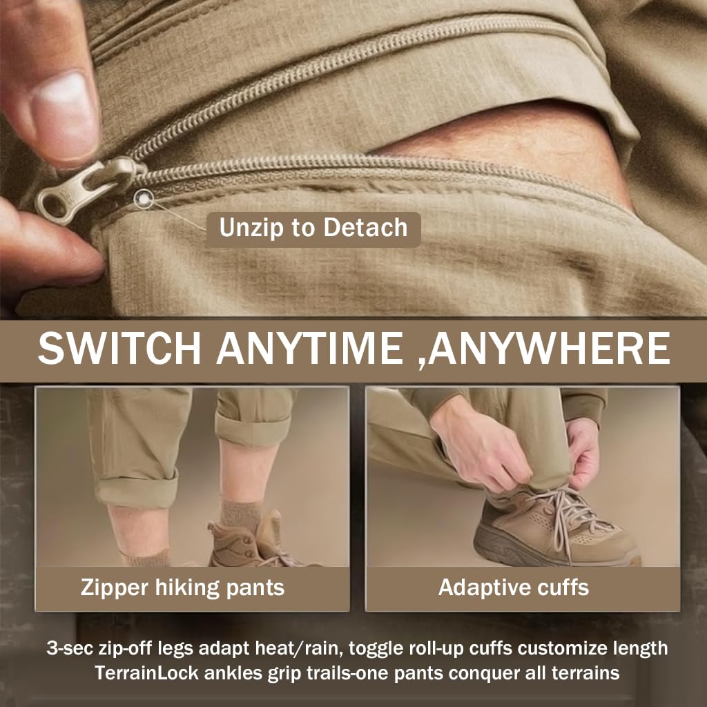Proberos Mens Trekking Pants for Outdoor Hiking featuring Modular Zip Off Design | Quick Dry Khaki Size L 3PCS
