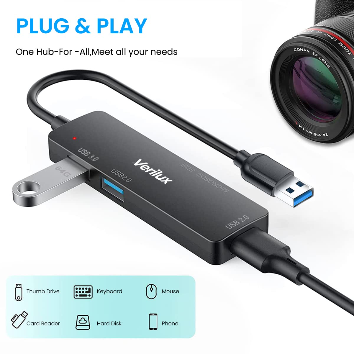 Verilux USB Hub 3.0 for PC and Laptop with 5 in 1 Ports and SD TF Card Reader | Aluminium Adapter