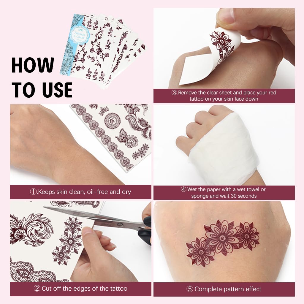 ZIBUYU Temporary Tattoo Stickers for Hands and Body with 6 Sheets Waterproof Design | Brown Lotus Mehndi for Women and Girls