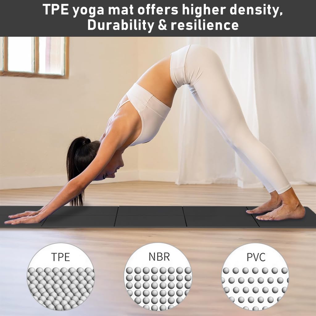 Proberos Folding Yoga Mat for Home Workouts with 5mm Cushioning and TPE Anti-Slip Surface | 72x24 Inches Black