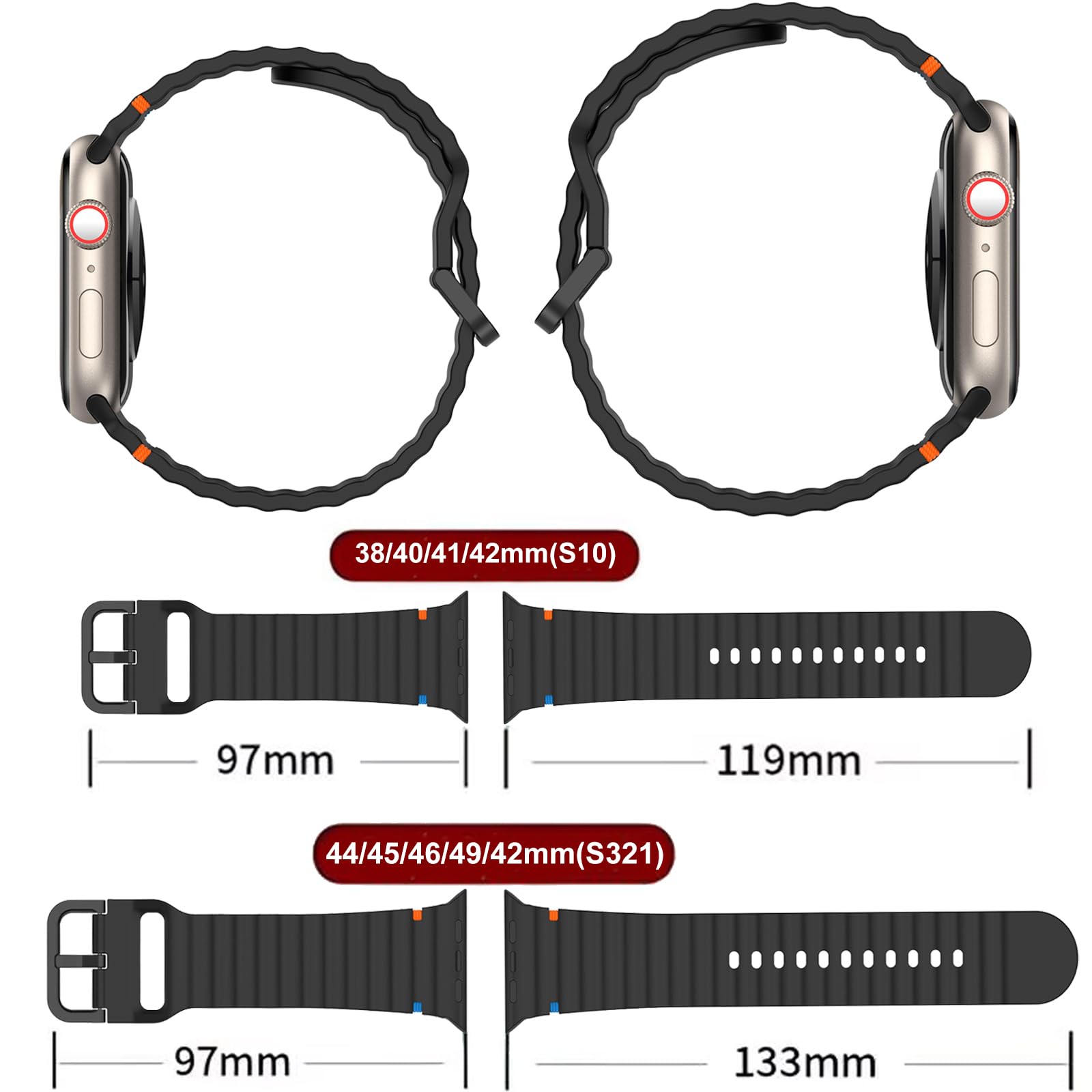 ZORBES Apple Watch Band Set 2 PCS with Pin and Tuck Closure in Black & Cream White | Waterproof Silicone Strap for iWatch Series 1–11