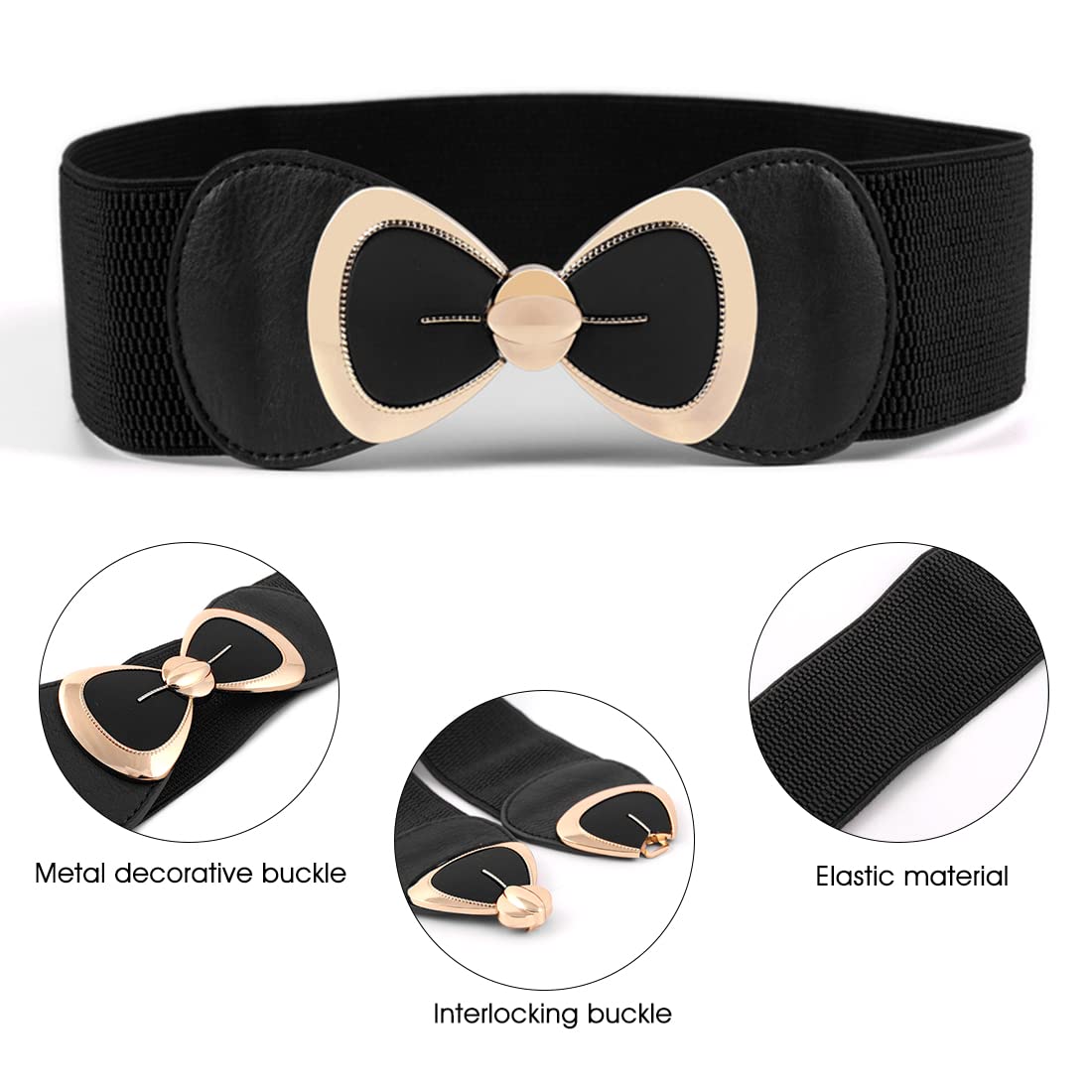 ZIBUYU® Bowknot Wide Elastic Belt For Dress Vintage Ladies Stretchy Belt Interlocking Buckle for Jumpsuit Blouse Blazer Dress (Black)