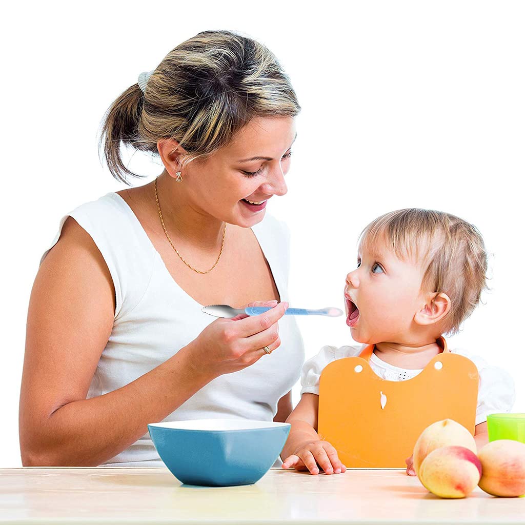 SNOWIE Soft Baby Fruit Spoon Scraper for Feeding with Double Serrated Edge and 22 cm Handle | Food Grade Steel and Silicone for Toddlers
