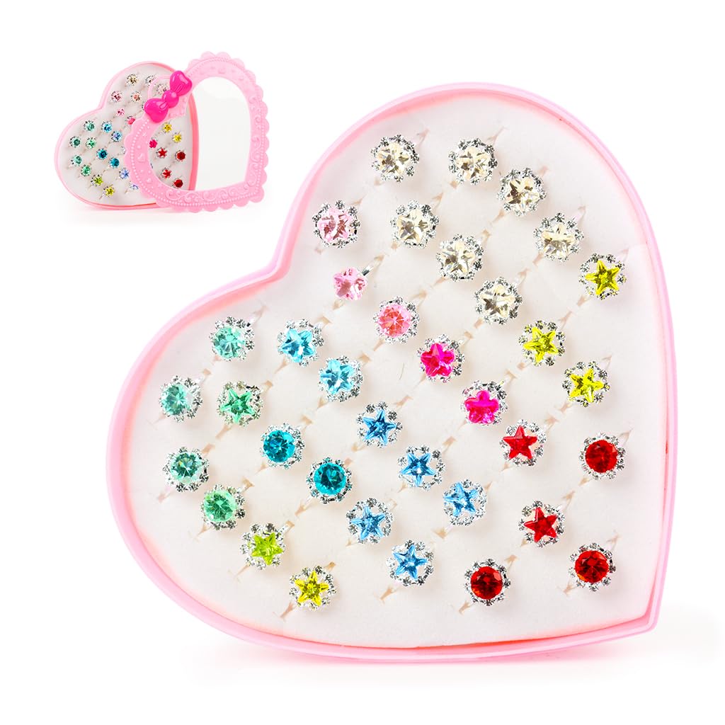 SANNIDHI Gem Rhinestone Rings Set for Girls with 36pcs Adjustable Open Rings | Colorful Acrylic Jewelry Gift Box for Pretend Play