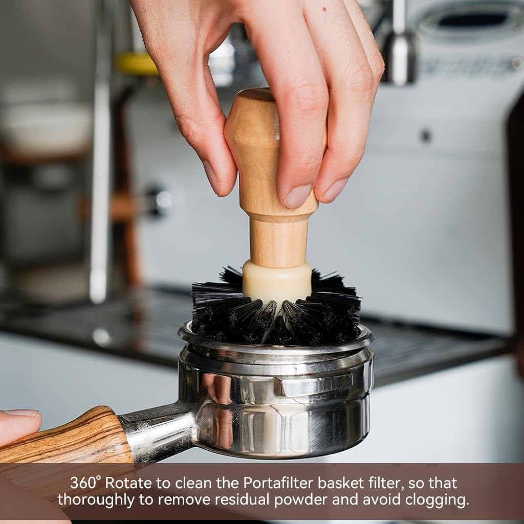 Supvox Portafilter Cleaning Brush for 51mm 54mm Baskets with 360 Degree Bristles and Wooden Handle