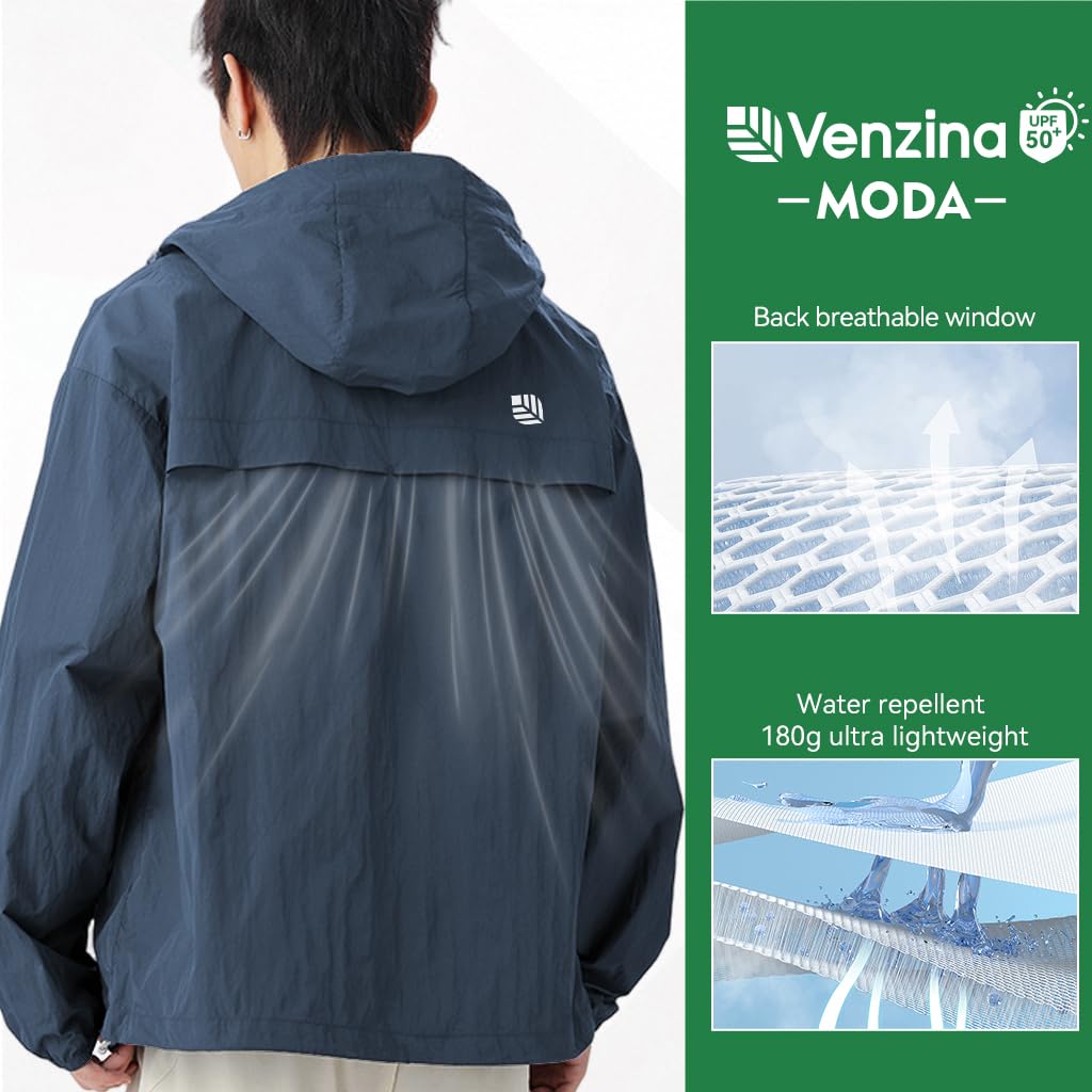 Venzina Men's Lightweight Athletic Jacket with UPF 50+ Sun Protection and Back Air Vent | Quick Dry Waterproof Nylon Outdoor Hoodie