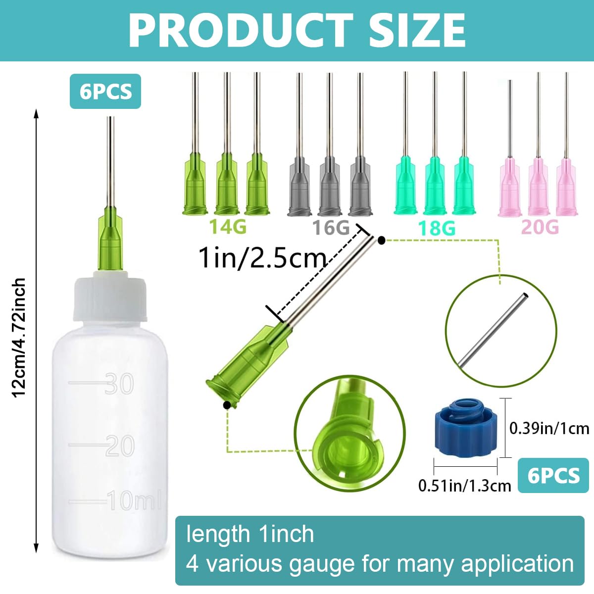 HASTHIP® 6 Pcs Glue Applicator Bottles, Oil Dropper Bottle with Blunt Tip Needle, 14ga 16ga 18ga 20ga for Glue Applications, Acrylic Painting