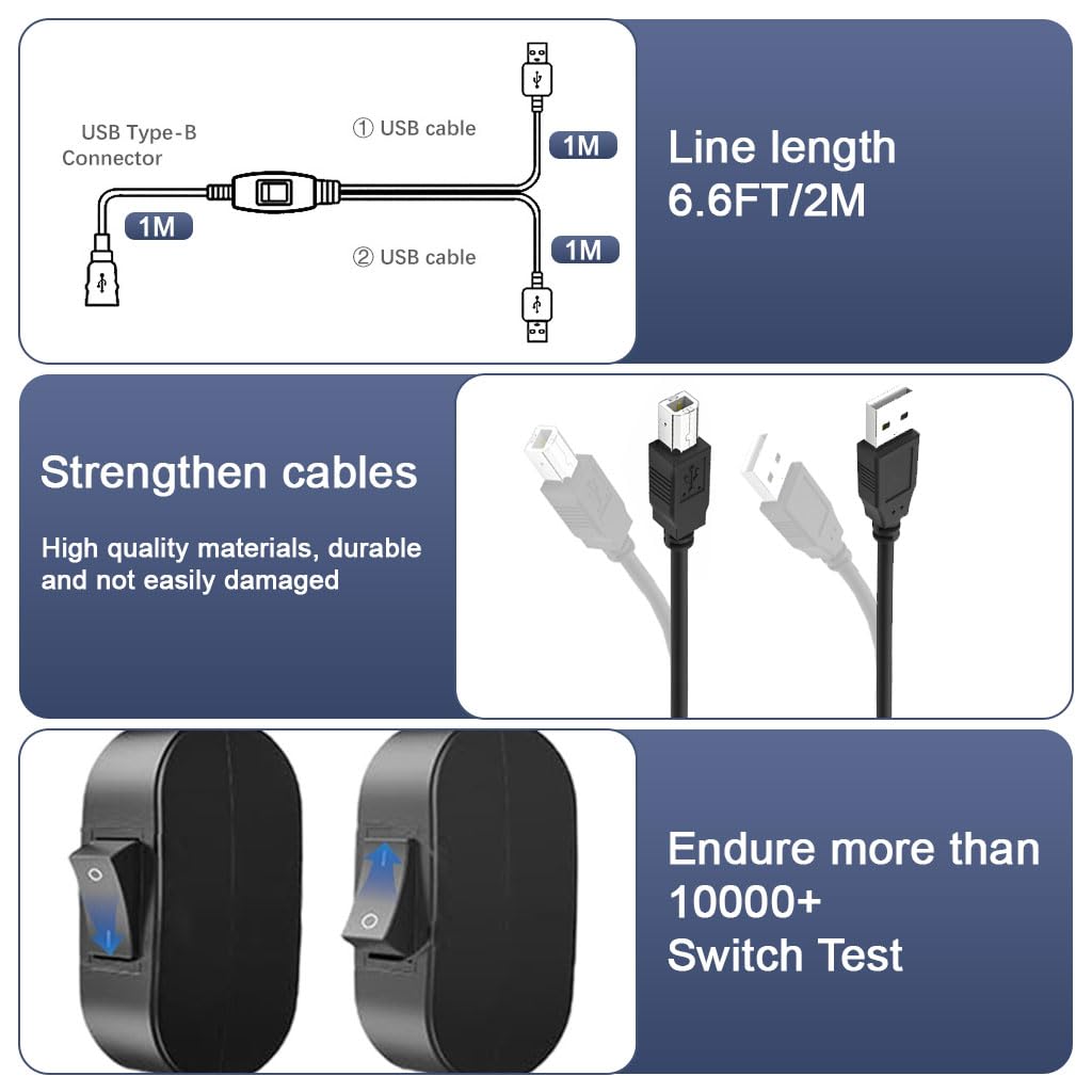 Verilux USB Printer Cable for Dual Device Connection with Switch Controller 6.6ft | 480 Mbps Data Transfer
