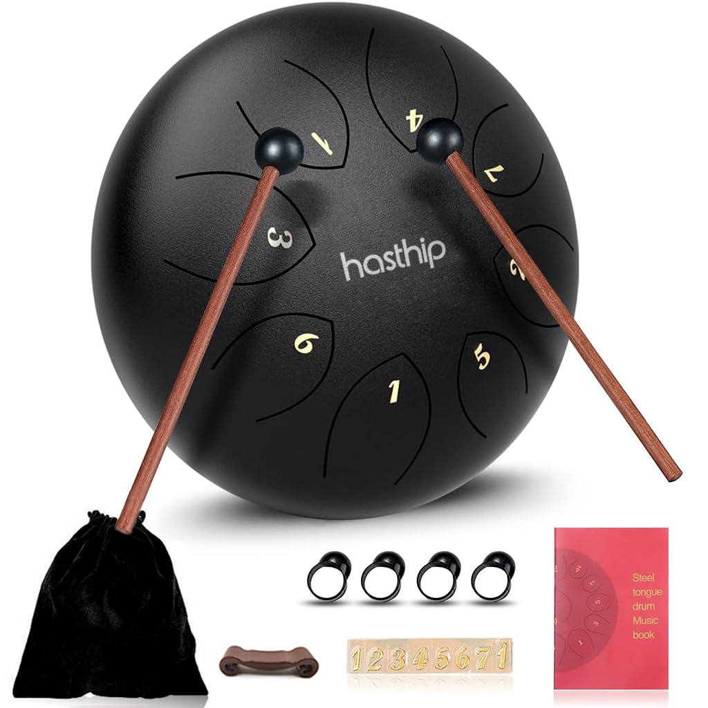 HASTHIP® Steel Tongue Drum 8 Note, 6 inch Percussion Instrument Handpan Drum with Bag, Music Book and Mallets for Kids and Adults Meditation Musical Education Concert Mind Healing Yoga (Black)