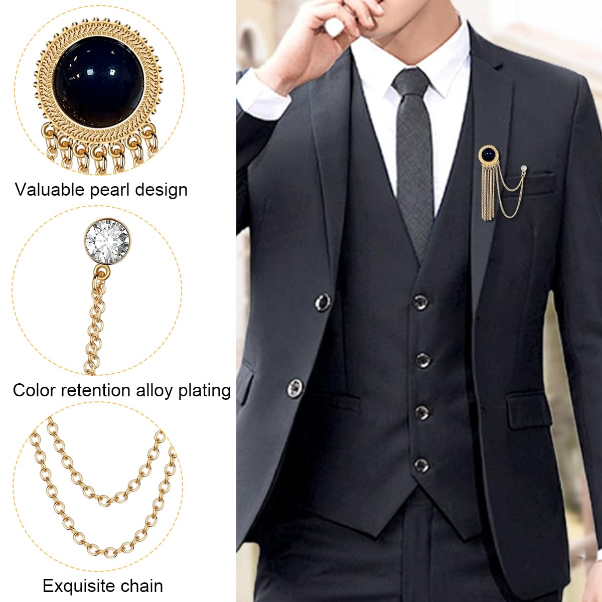Venzina Chain Brooch for Men featuring Gold Coin Tassel and Blue Enamel Design | Ideal for Suits and Weddings