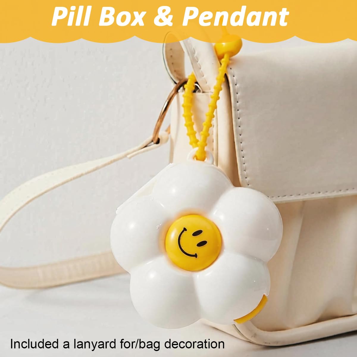 HANNEA Pill Organizer for Travel and Daily Use with 6 Compartments and Silicone Lanyard | Cream White Floral Design
