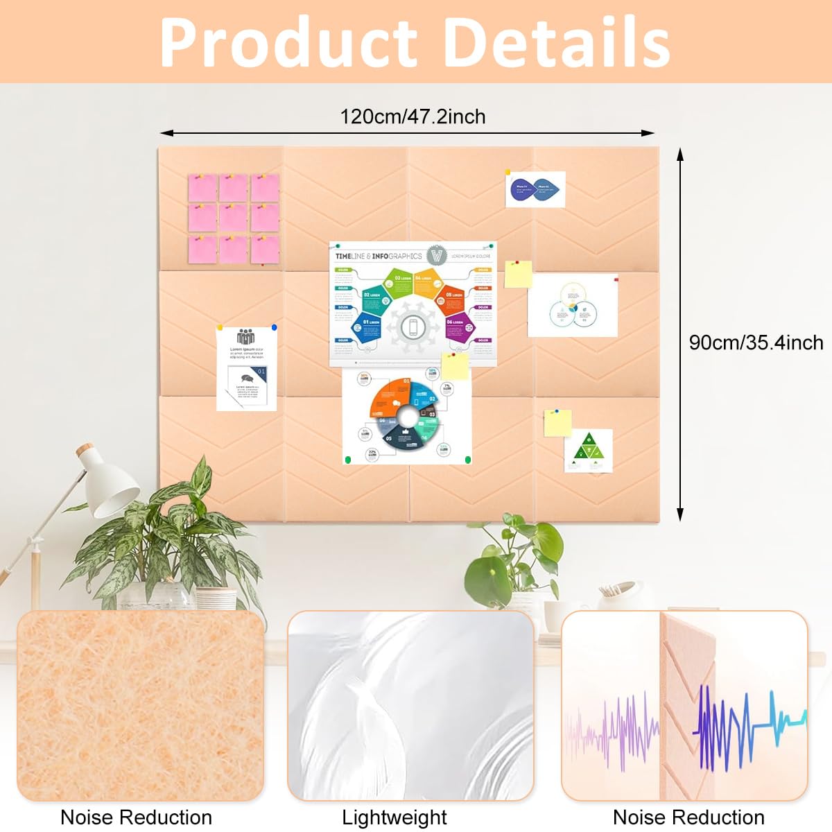 Climberty Felt Bulletin Board for Wall with Self Adhesive Panels 12 Pcs 11.8x11.8 in | Peach Pink Home and Office Organizer