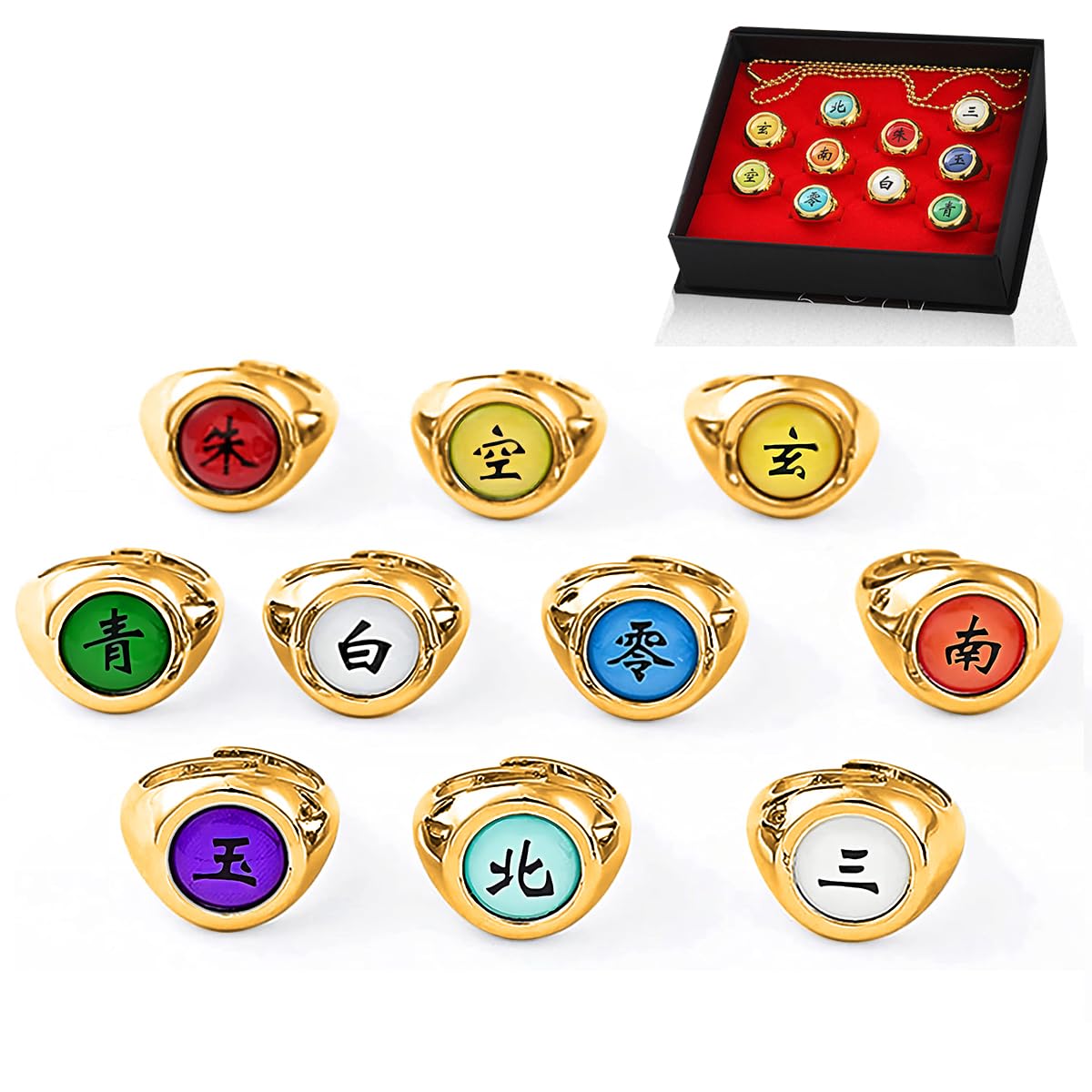 PATPAT Akatsuki Rings 10pcs Cosplay Set with Necklace and Gift Box for Naruto Fans