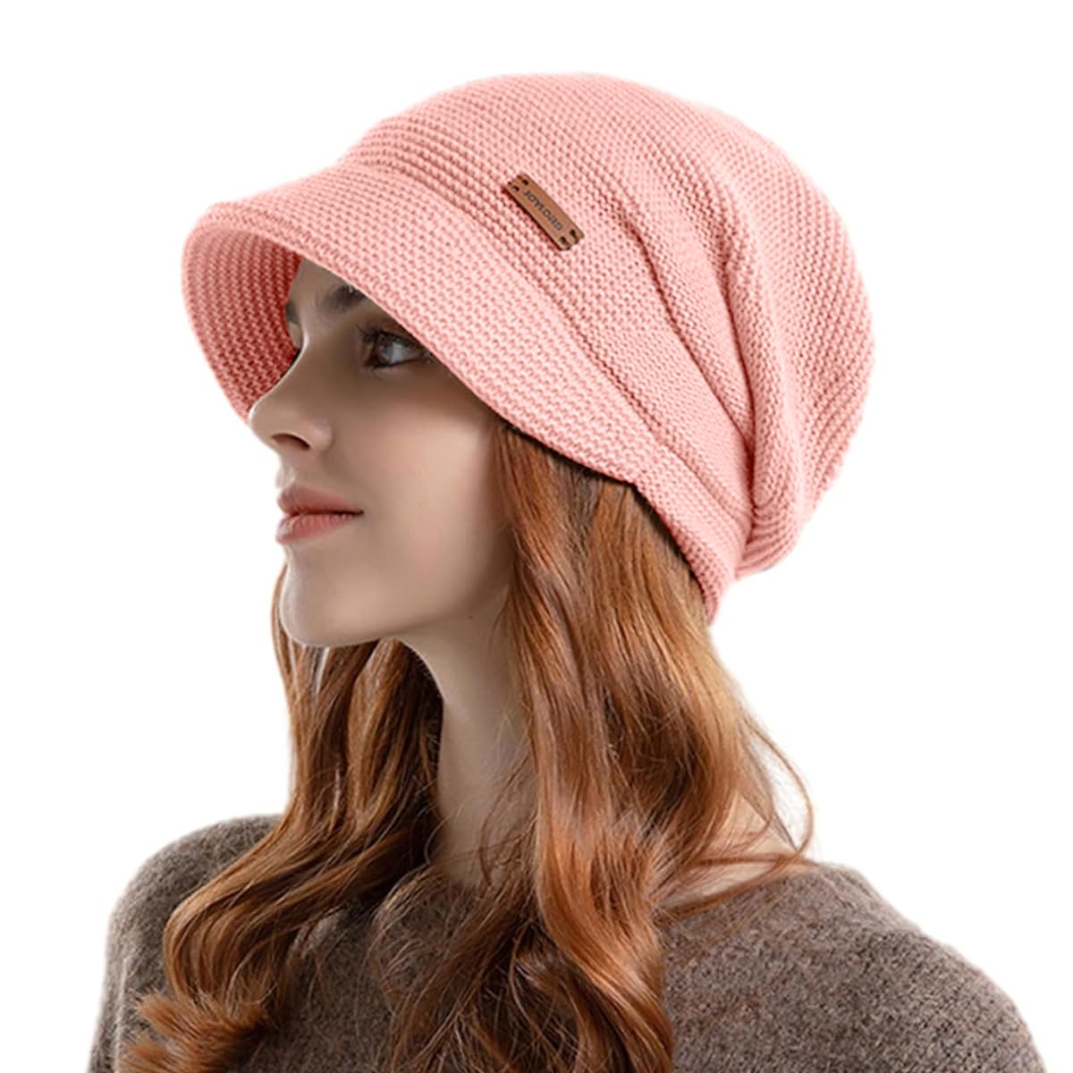 SANNIDHI Winter Cap for Women with Plush Lined Knit and Short Brim | Pink Slouchy Hat