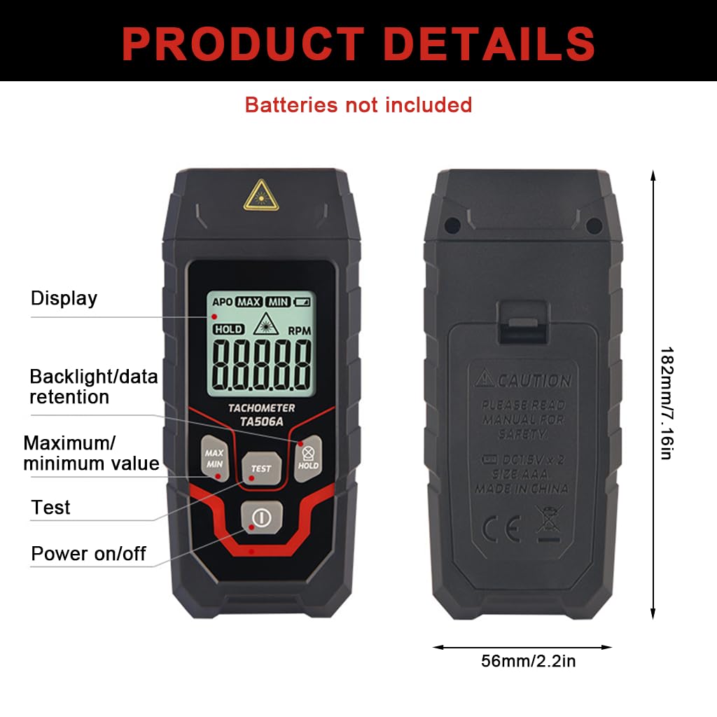 Serplex LCD Digital Tachometer for HVAC and Mechanical Testing with 3~99999 RPM Range | Non Contact Speed Gauge Featuring Data Hold and Max Min Recording