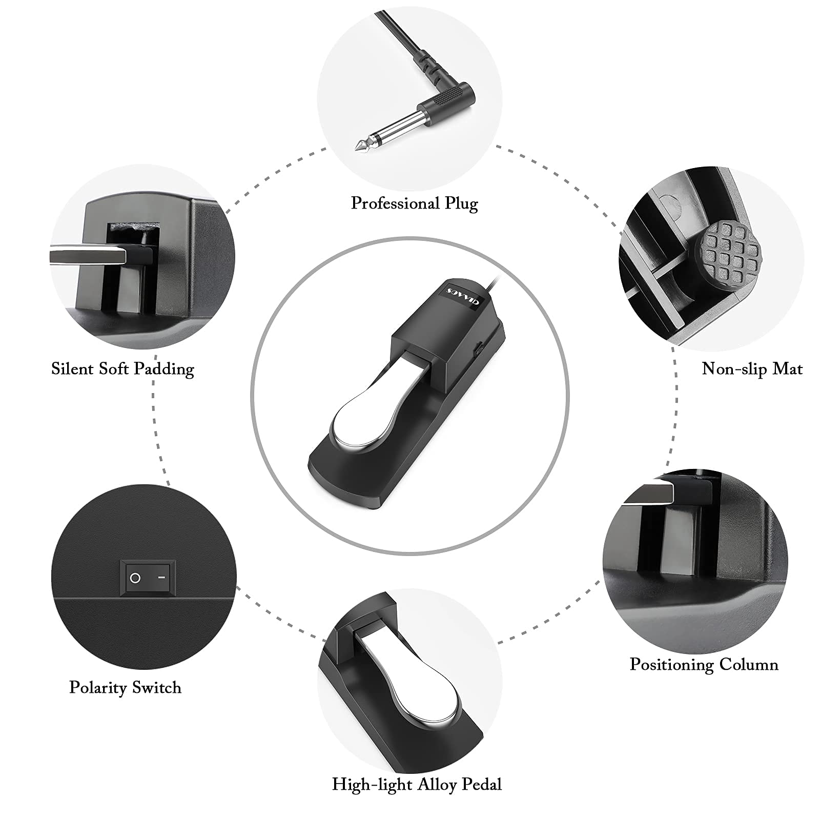 ZIBUYU Digital Piano Pedal Sustain for Keyboards with 1.8m Cable and Polarity Switch | Black
