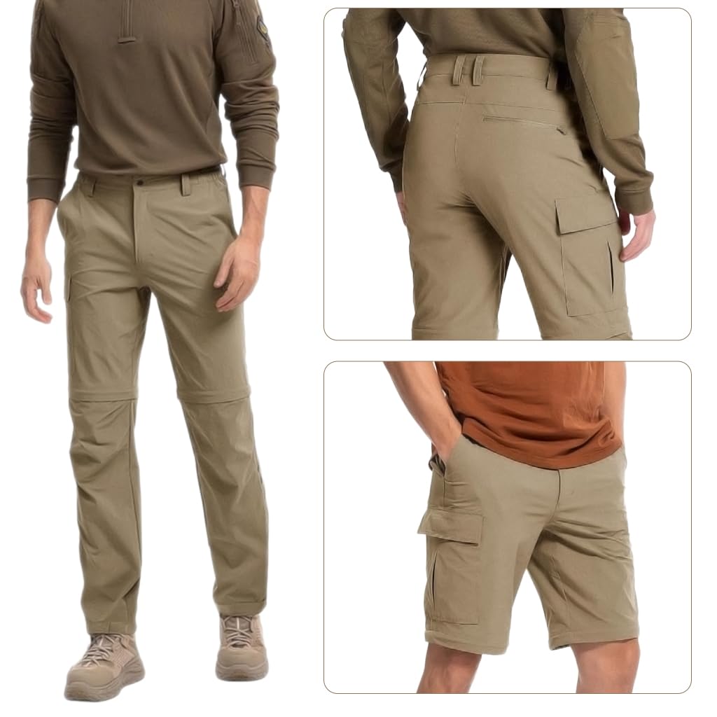 Proberos Mens Trekking Pants for Outdoor Hiking featuring Modular Zip Off Design | Quick Dry Khaki Size L 3PCS