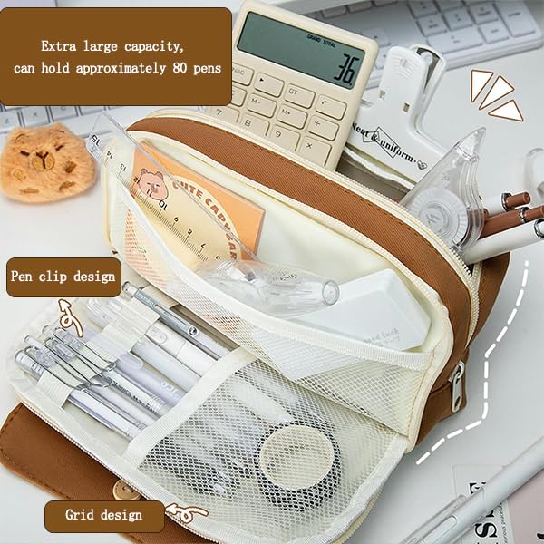 ZIBUYU® Student Pencil Pouch Canvas Pen Storage Double Layer Zip-up Office Stationery Organizer Fashion Girls Boys 21x11x7.5cm Coffee Brown 2PCS