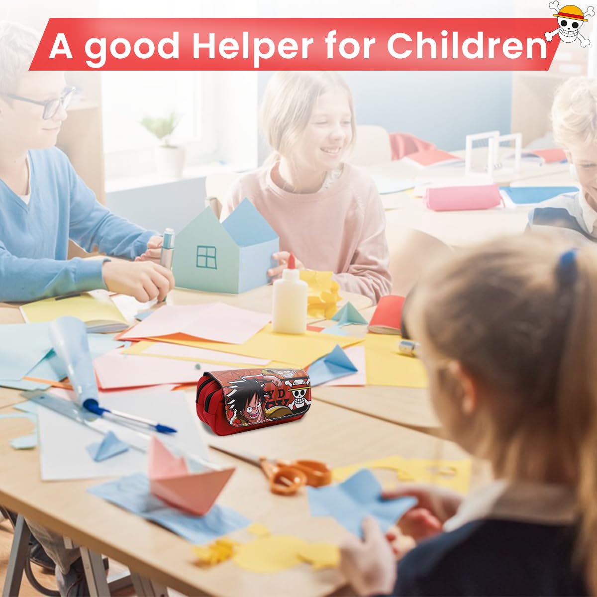 Fancyku One Piece Pencil Case for Students with Luffy Cartoon Print and Polyester Lining | 2PCS